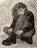 Woodcut-style illustration of a person tying their shoes on textured paper.