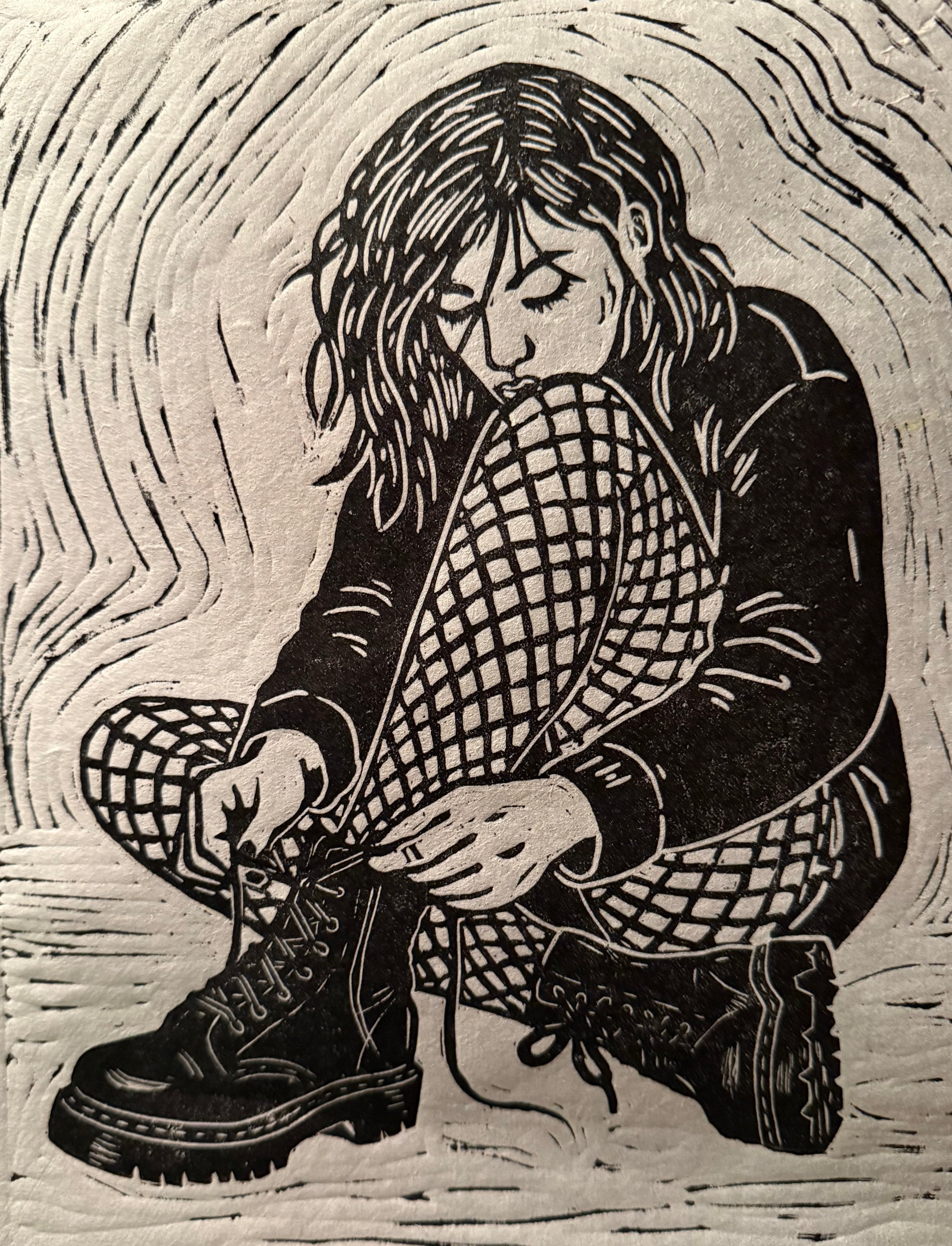 Woodcut-style illustration of a person tying their shoes on textured paper.